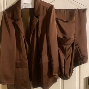 ELOQUII Satin Brown Cargo Pant Suit